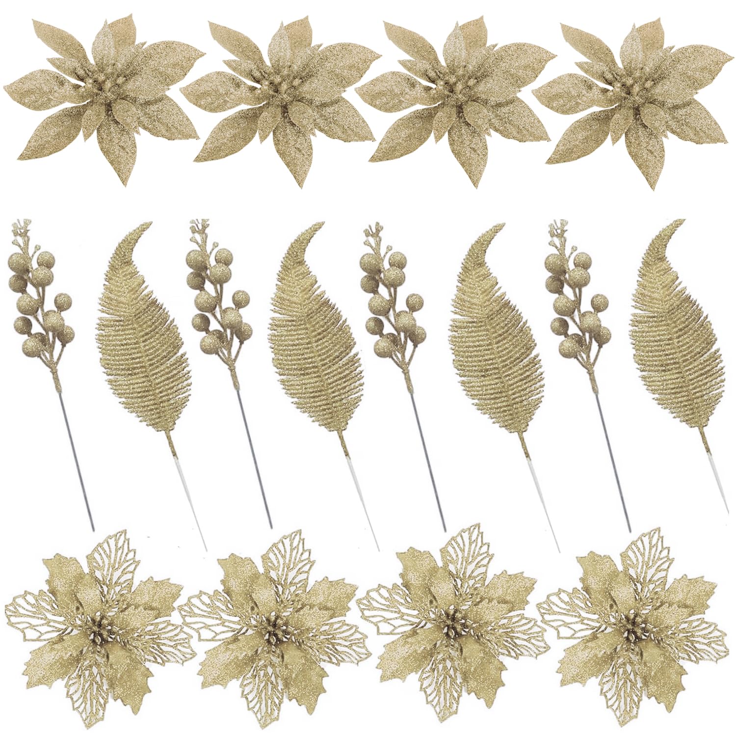 KKSTY 16Pcs Gold Christmas Tree Decorations Artificial Poinsettia Flowers Glitter Berries Stems Feather Leaves for Christmas Wreath Garland Holiday Home Party Decor