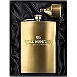 8oz Gold Flask For Liquor + Funnel + Pouch. Classy Black Satin Packaging. Proven Gift For Men or Women. Engraved Well-Deserve