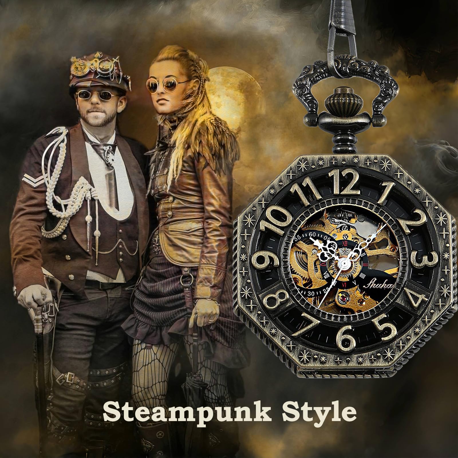 Carrie Hughes Men's Pocket Watch, Vintage Railroad Mechanical Hand Winding Pocket Watch with Chain, Bronze Numerals Octagon Steampunk Pocketwatch, Lucky Gifts for Men CHPW02