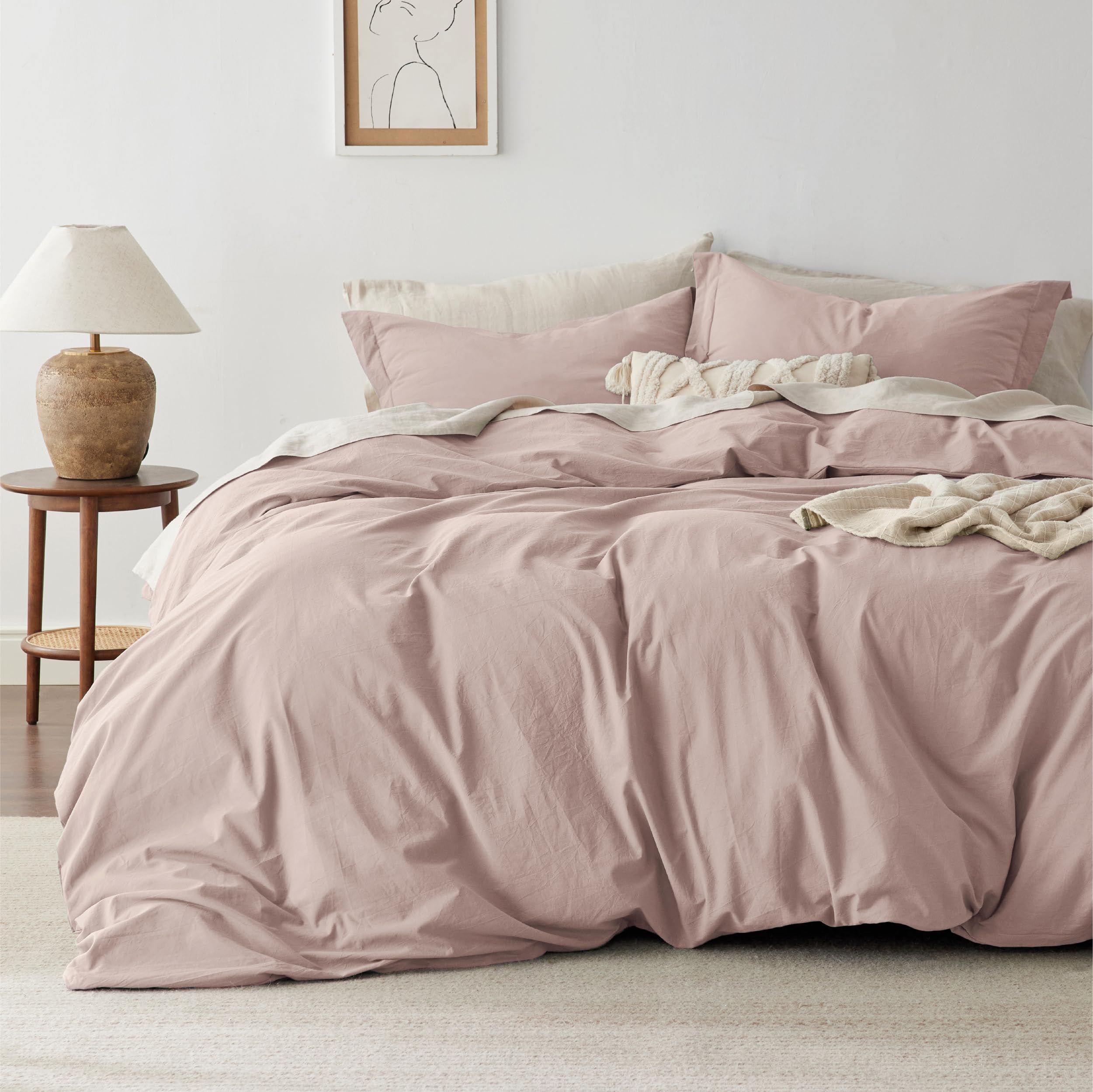 Photo 1 of Bedsure 100% Washed Cotton Duvet Cover Queen Size - Petal Pink Minimalist Cotton Duvet Cover Linen Like for All Seasons - GentleSoft™ Plain Simple Bedding (Petal Pink, Queen, 90"x90")
