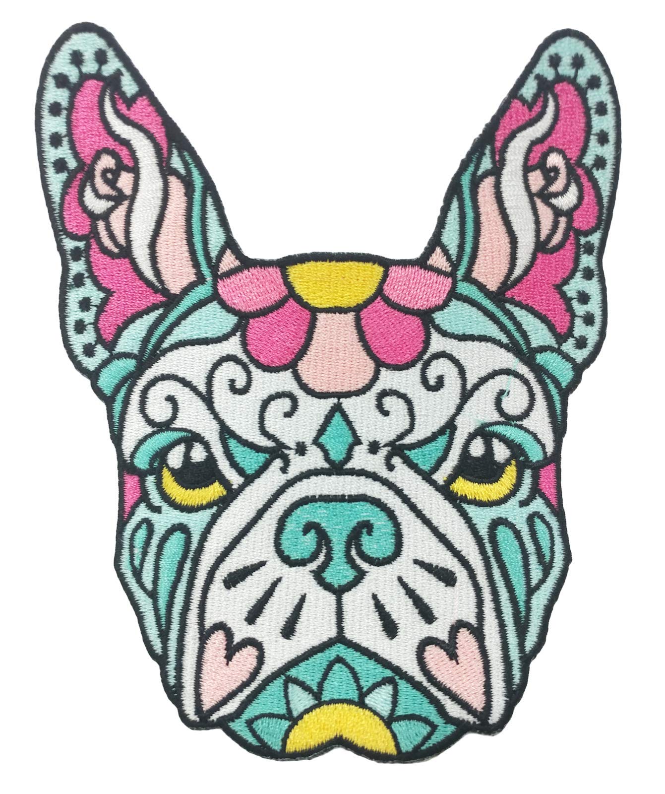 French Bulldog Pink Teal Sugar Skull Tattoo Breed Dog Lover Sew On Embroidered Patch
