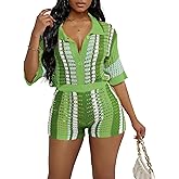 VOIKERDR Two Piece Shorts Sets for Women Colorblock Stripe Shirt and Shorts Summer Vacation Outfits Beachwear