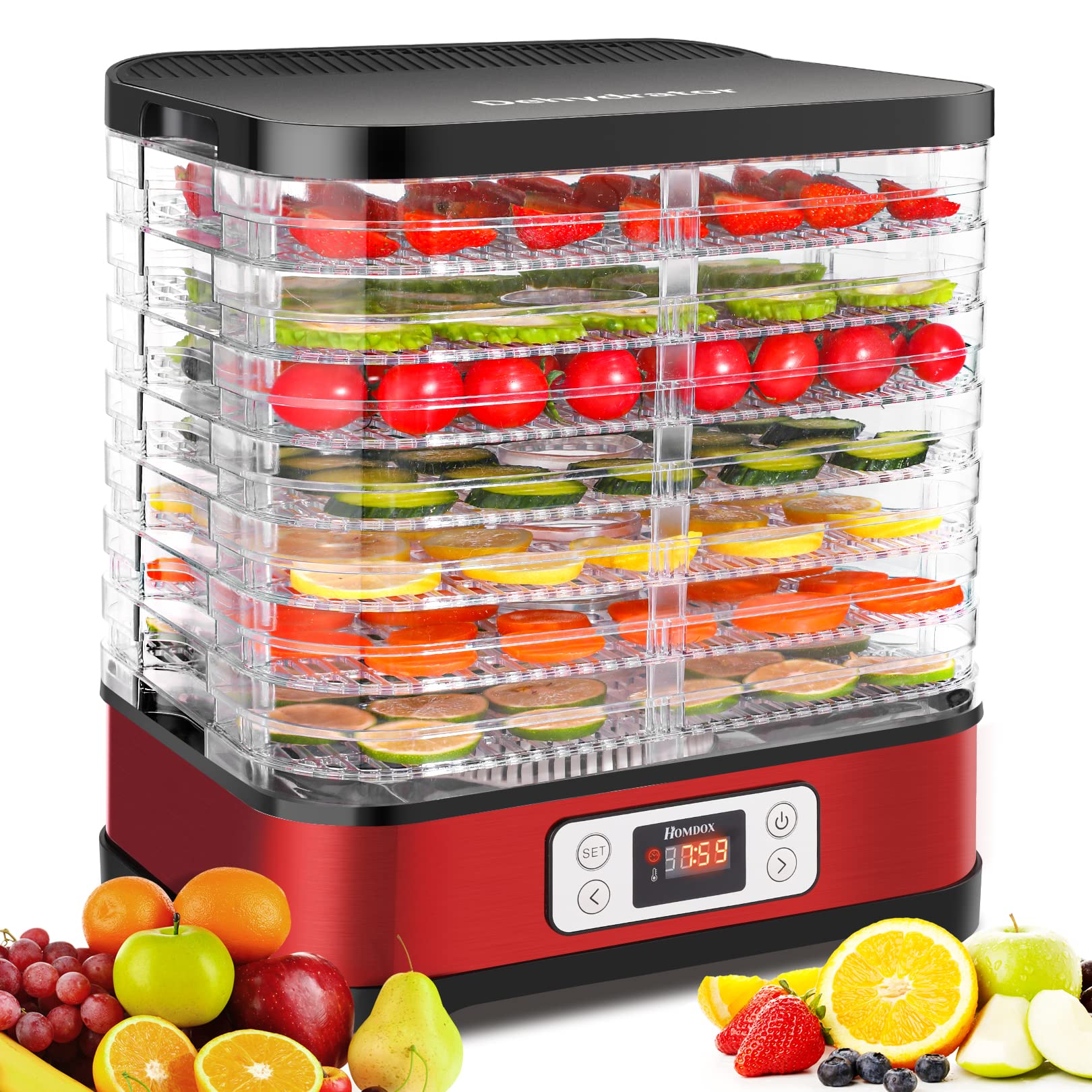 Homdox 400W Food Dehydrator Machine - Electric Dehydrator for Jerky, Meat, Fruits, Herbs & Dog Treats | 8 BPA-Free Trays, Adjustable Temp (95°F-158°F) & 72H Timer | Includes Fruit Roll Sheet (Red)