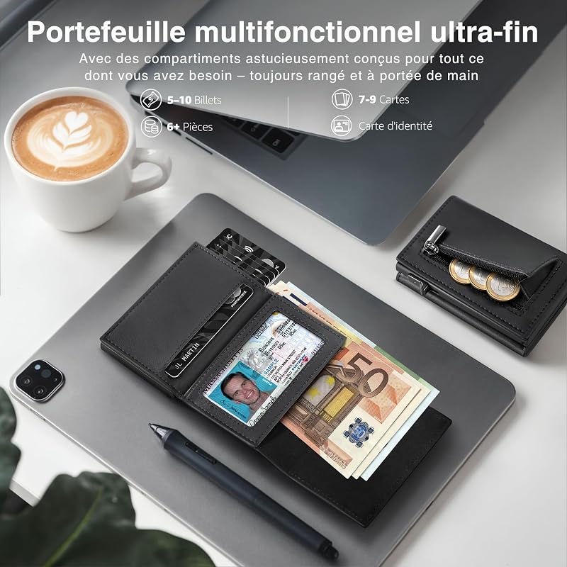 Portefeuille Homme de Haute Qualité, Exclusif Portefeuille Slim avec Portemonnaie & Protection RFID, Luxueux Porte Carte Homme en Cuir, 8 Compartiments pour Cartes de Crédit, Cadeau pour Homme