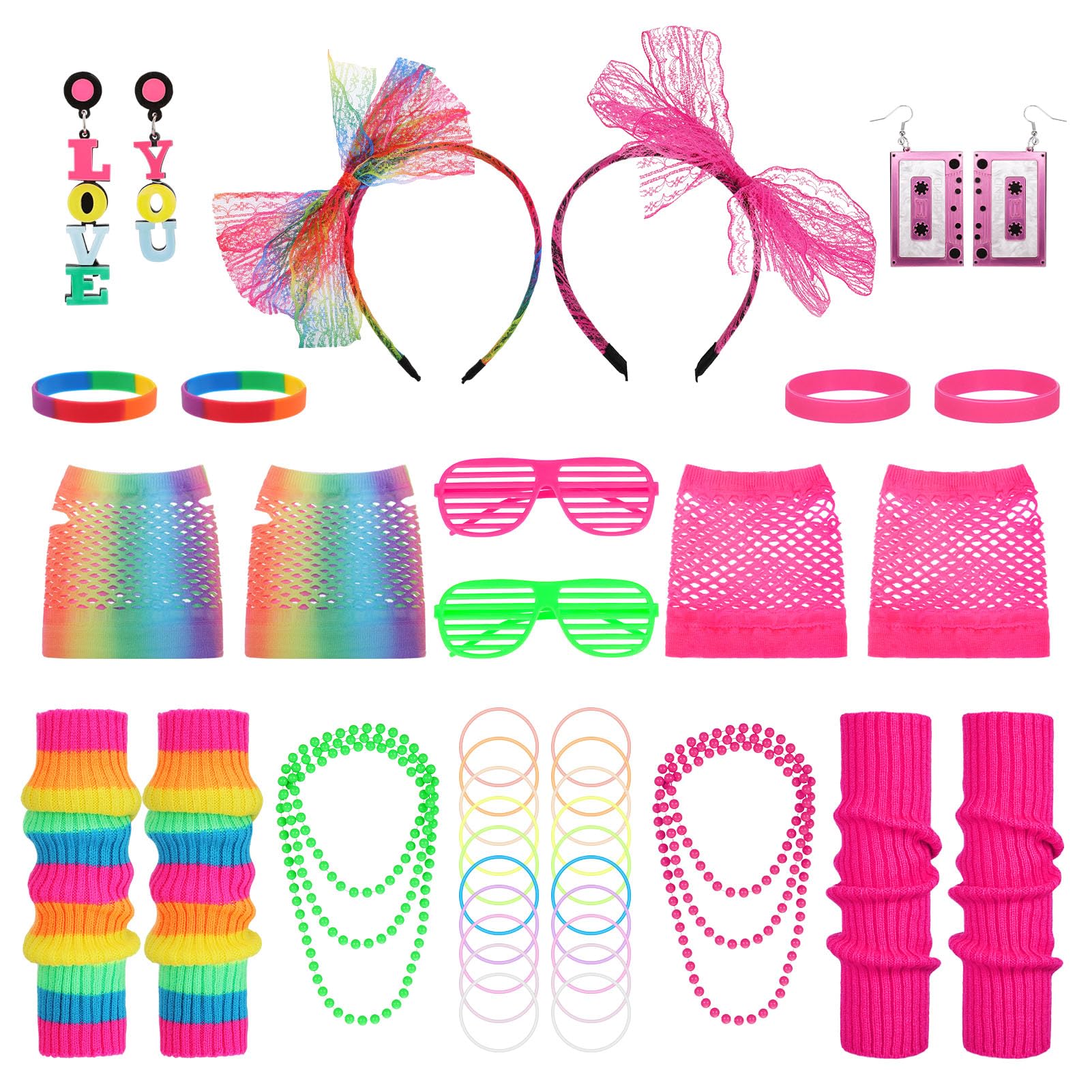 Vyuwast 42 Pcs 80s Fancy Dress for Women, 80s Fancy Party Costume Accessories with Leg Warmers Fishnet Gloves Glasses Earrings Necklace Bracelet Lace Bow Headband