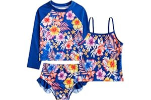Funnycokid Girls Swimsuit 3 Pieces Long Sleeve Rash Guard Set Tankini Bathing Suits Summer Kids Swimwear 3-10 Years
