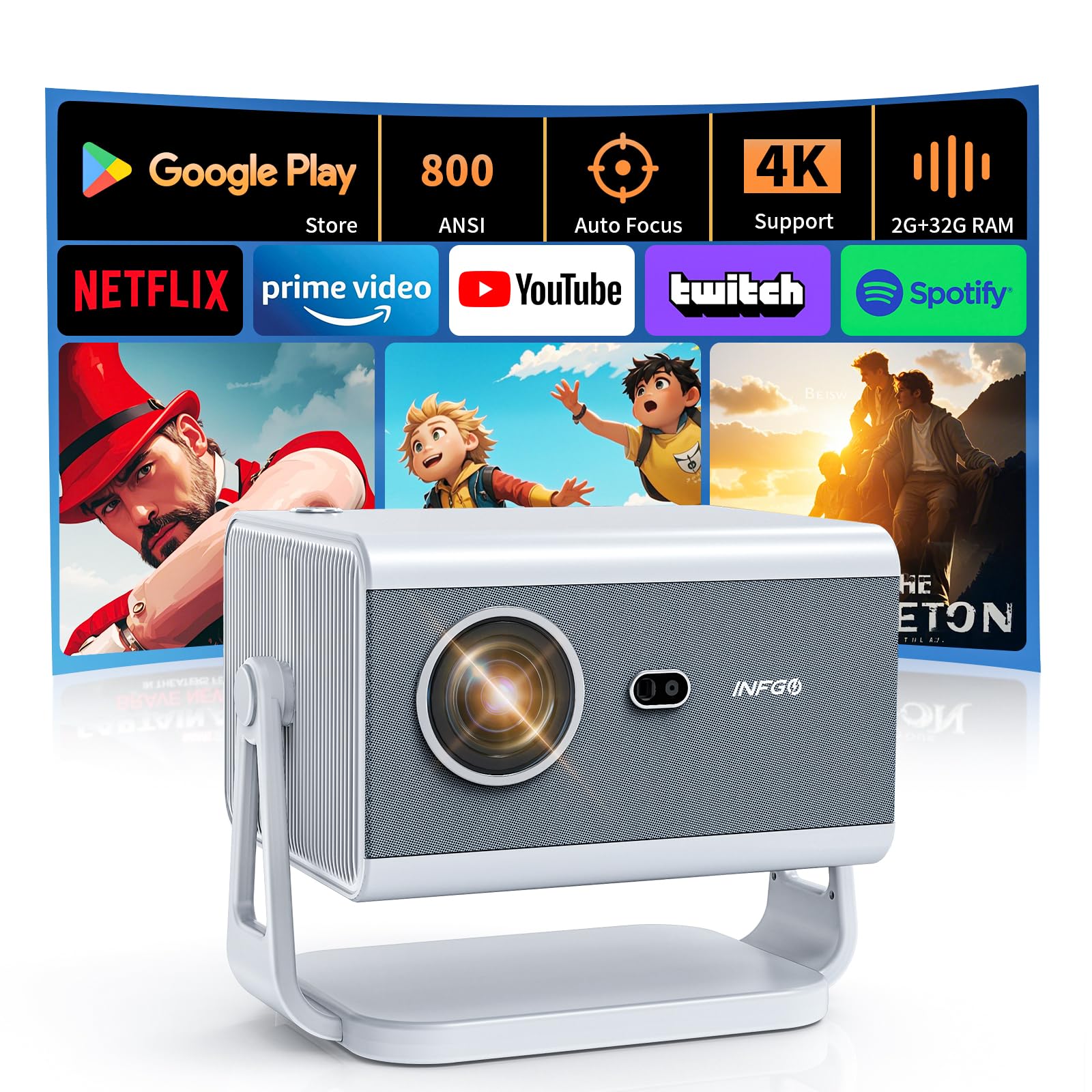 Photo 1 of [Google Play/4K 60Hz Support] INFGO Smart Projector 800ANSI Fully Sealed Optical Engine, Native 1080P with WIF6 Bluetooth NETFLIX/YouTube/Spotify Built-in, Android 12 Online Framework Update