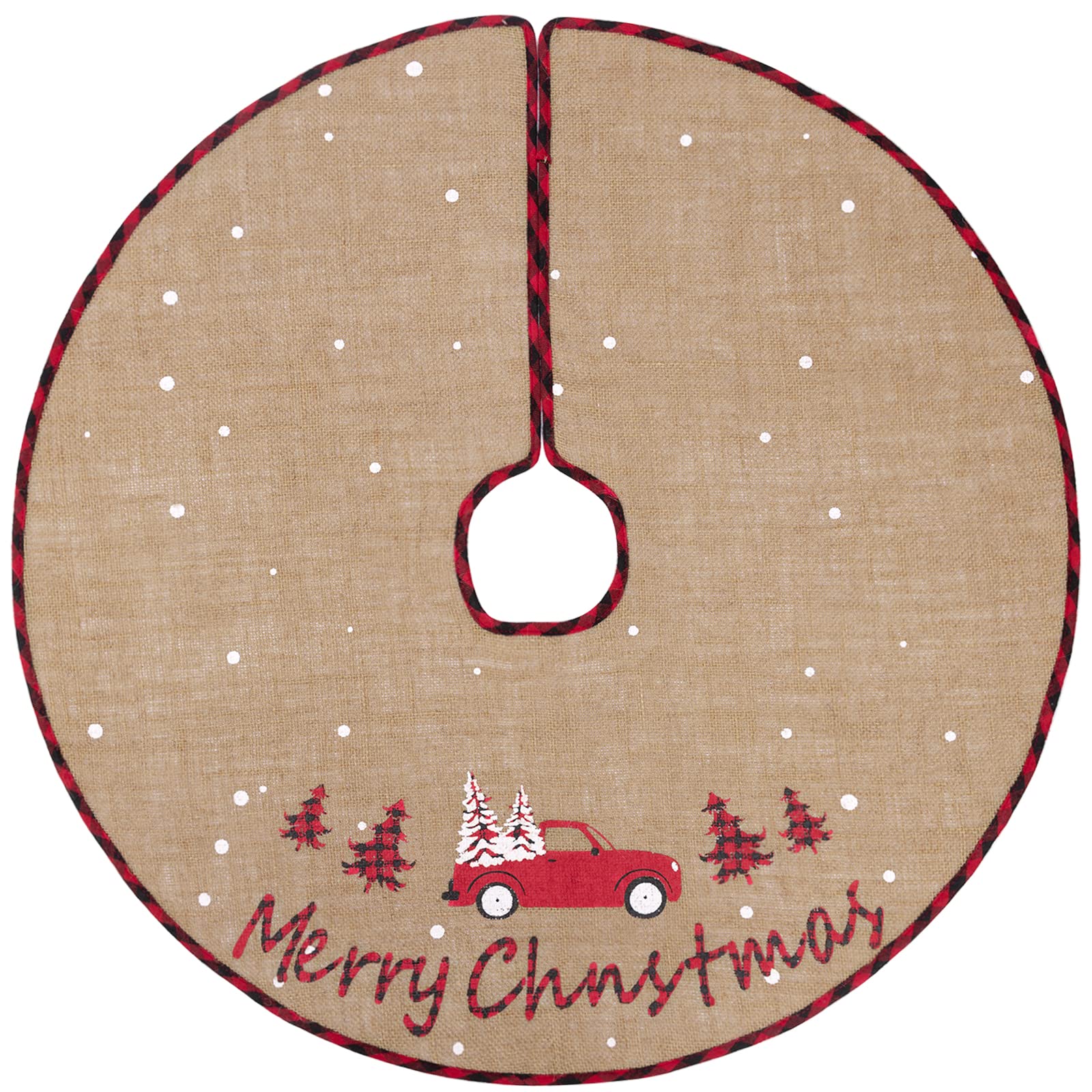 N&T NIETING Christmas Tree Skirt, 30 Inches Rustic Burlap Tree Skirt with Red Truck and Letter Printed Merry Christmas Tree Mat for Holiday Party Xmas Tree Decorations
