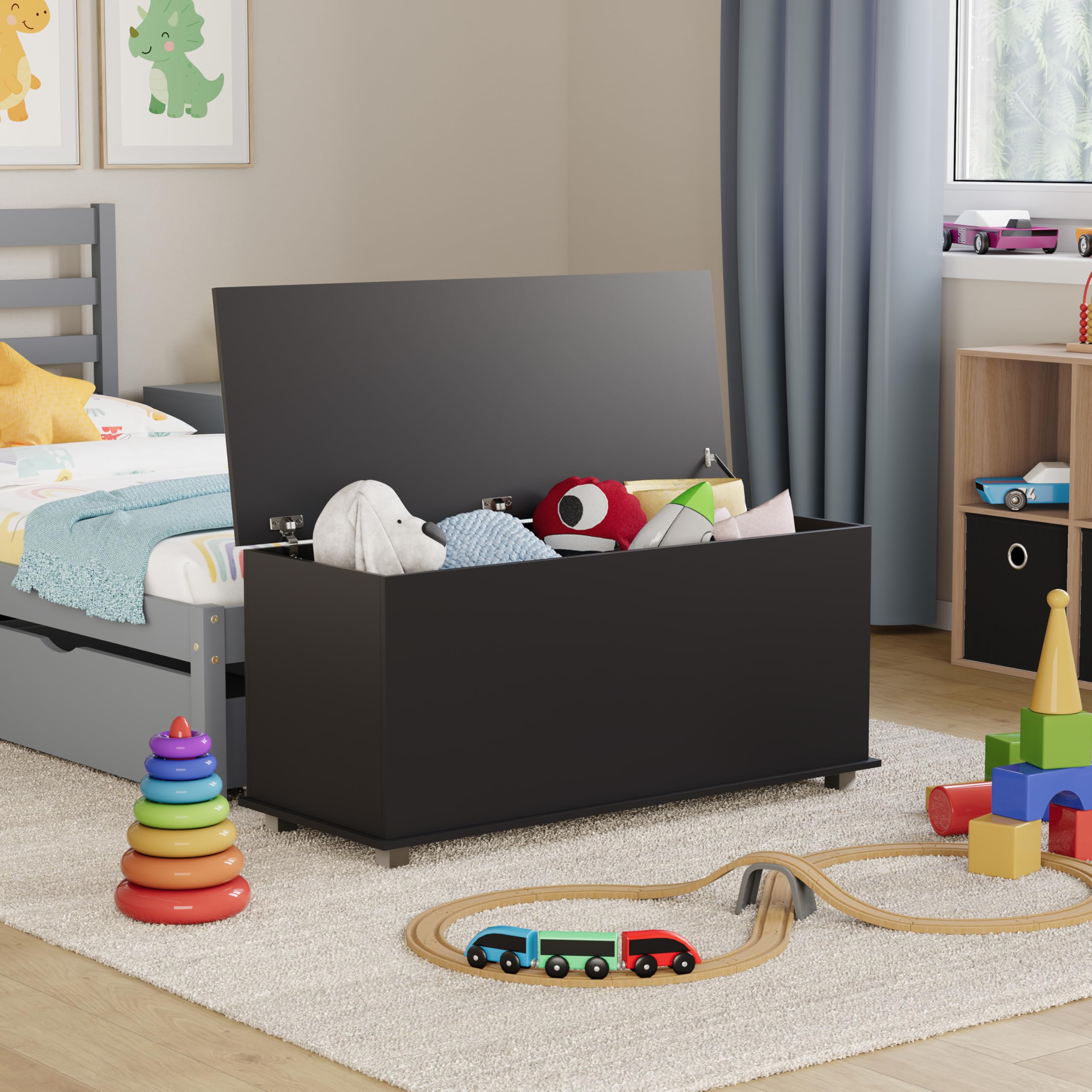 Vida Designs Leon Toy Box, Wood in Black, 100x40x48cm - Storage Ottoman with Lift-Up Lid, Ideal for Toys, Bedding & Footstool Use