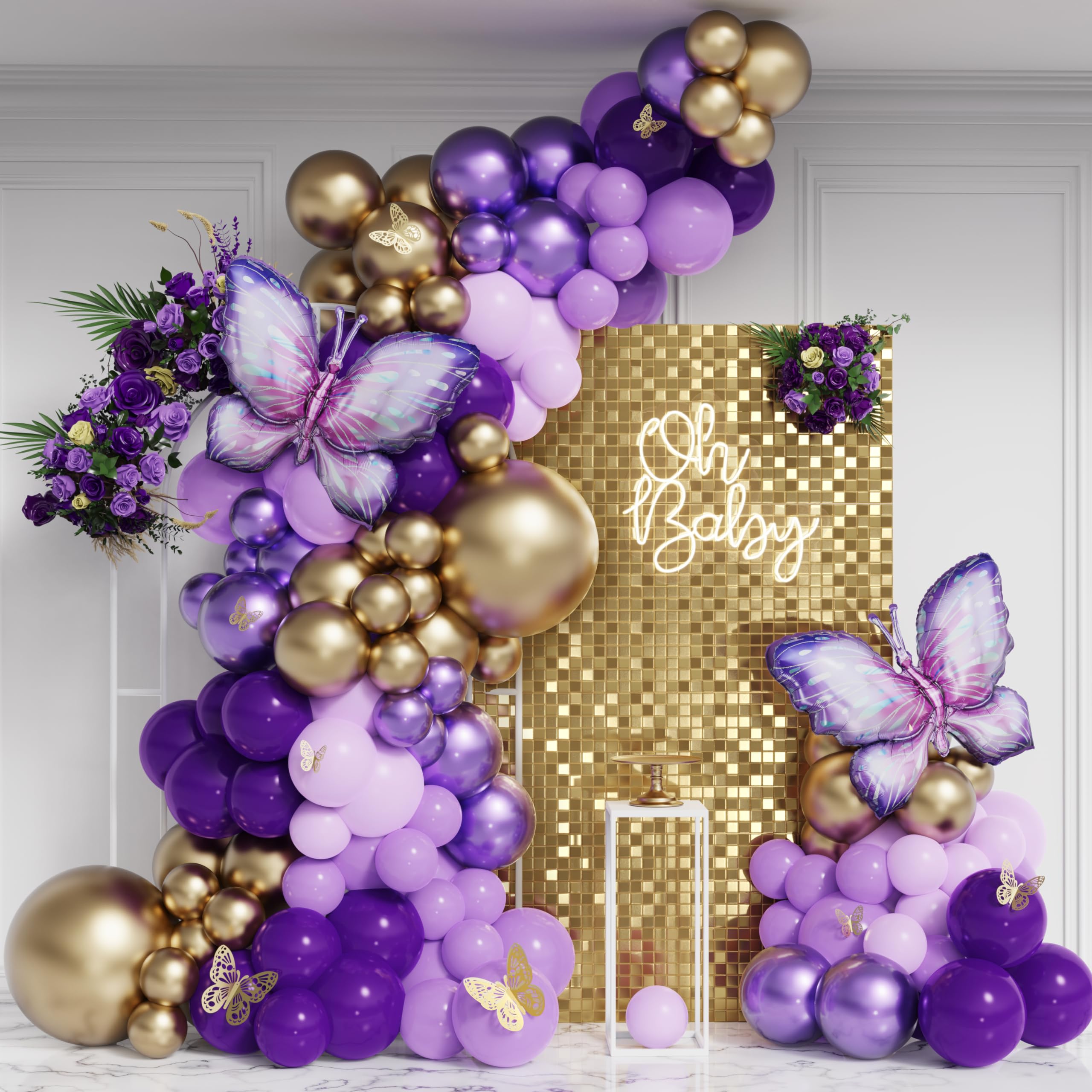 Photo 1 of Enanal Purple Butterfly Balloon Garland Arch Kit, 158pcs Purple Chrome Gold Balloons with Butterfly Foil Balloons for Girl Birthday Baby Shower Party Supplies Bridal Shower Wedding Decoration (Purple)