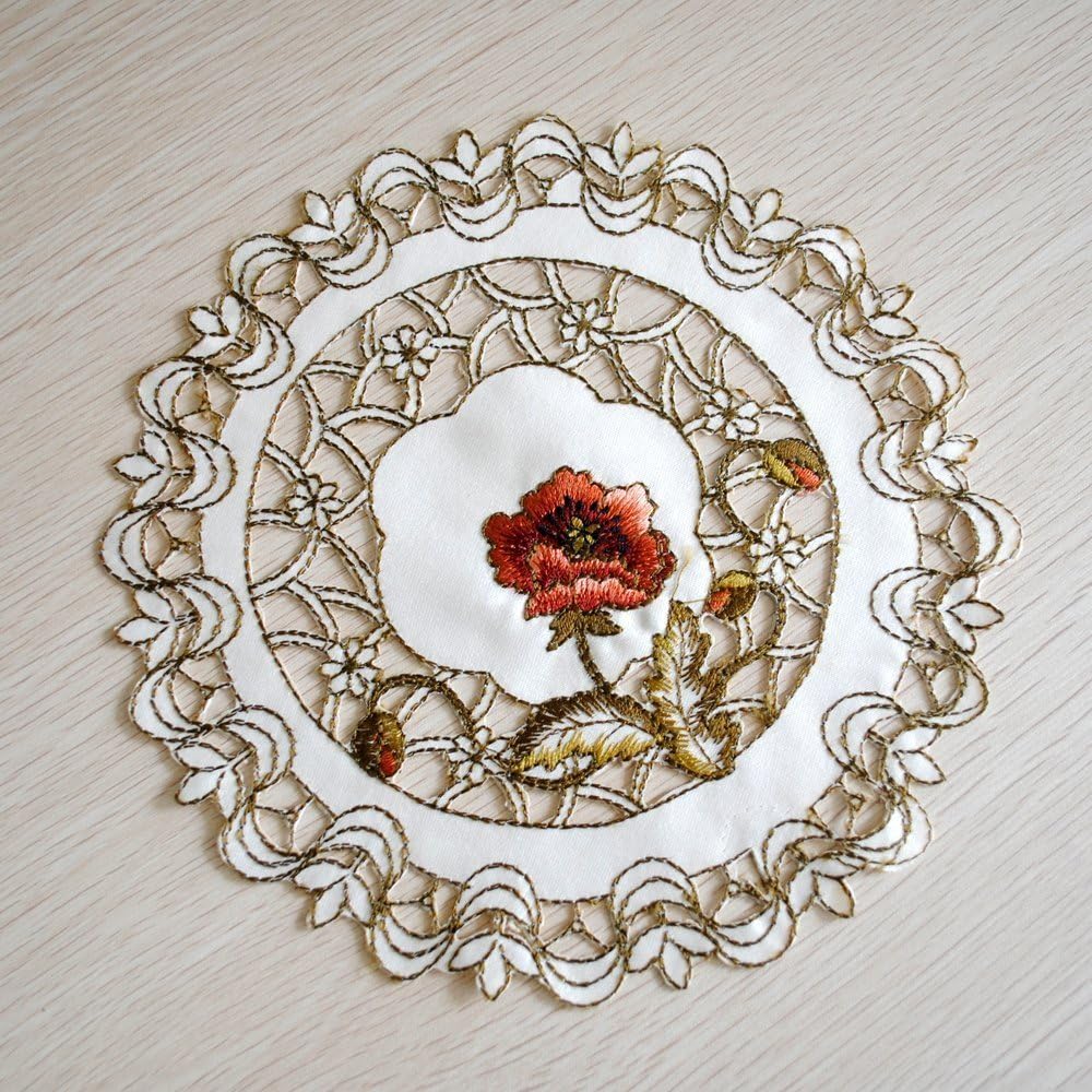 yazi Round Place Mats Coasters Pad Kitchen Linen European Embroidered Flower for Home Dining Room Pack of 4