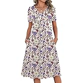 Zeagoo Women Summer Dresses Casual Short Sleeve Midi Dress with Pockets Floral A Line V Neck Beach Vacation T Shirt Sundress