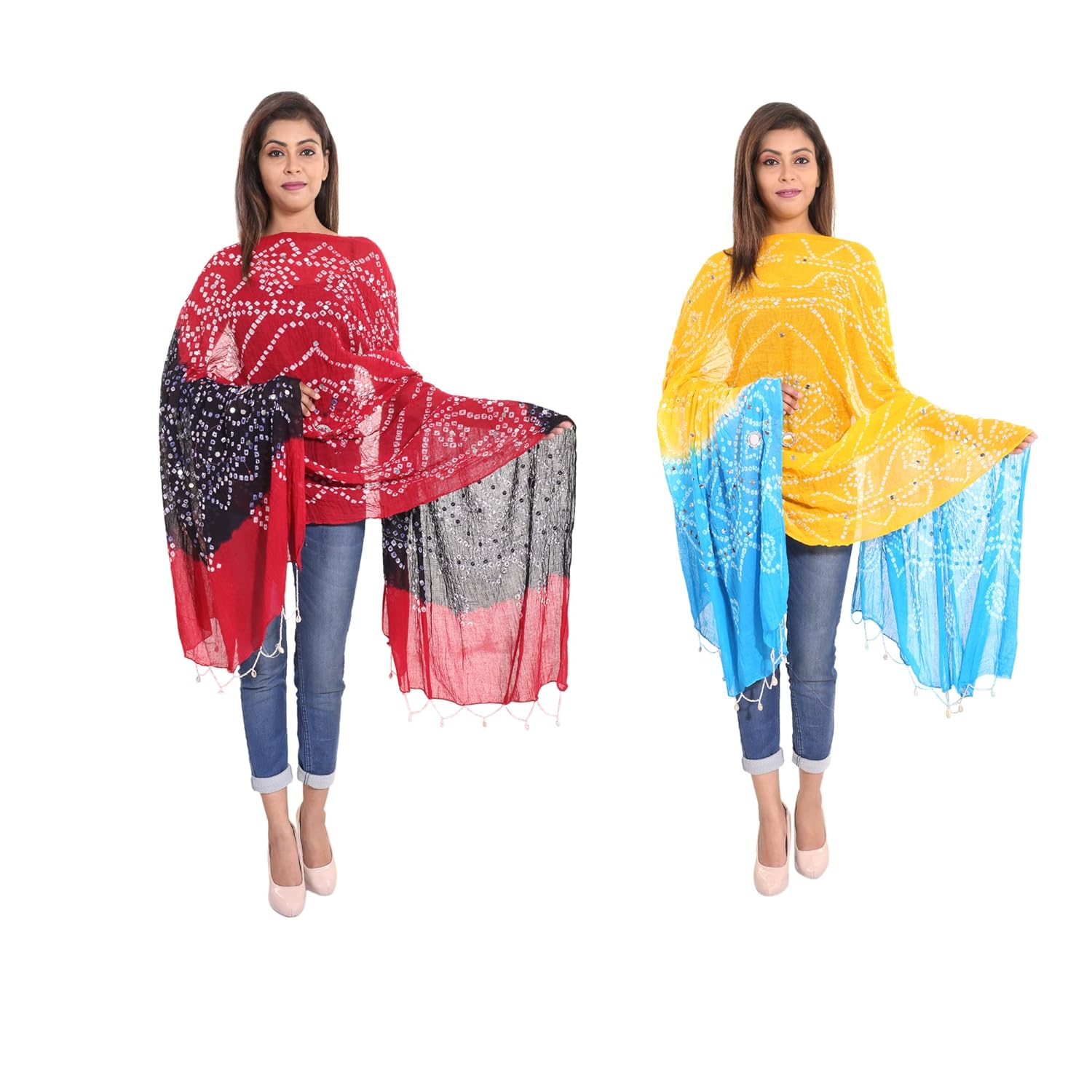 zaributi cotton bandhani dupatta with mirror and shell work