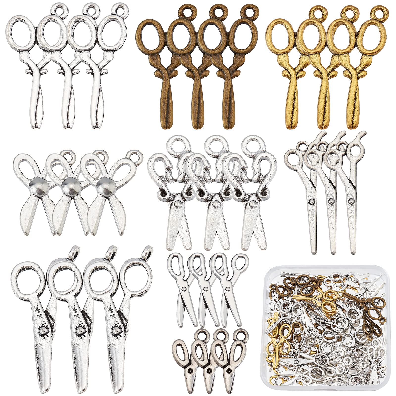 SUNNYCLUE 1 Box 72Pcs 9 Style Tibetan Style Zinc Alloy Pendants Scissor Shapes Antique Silver Scissors Charms Pendants Scissor Beads Pendants for Jewellery Makeing Charm DIY Craft Necklace Bracelet