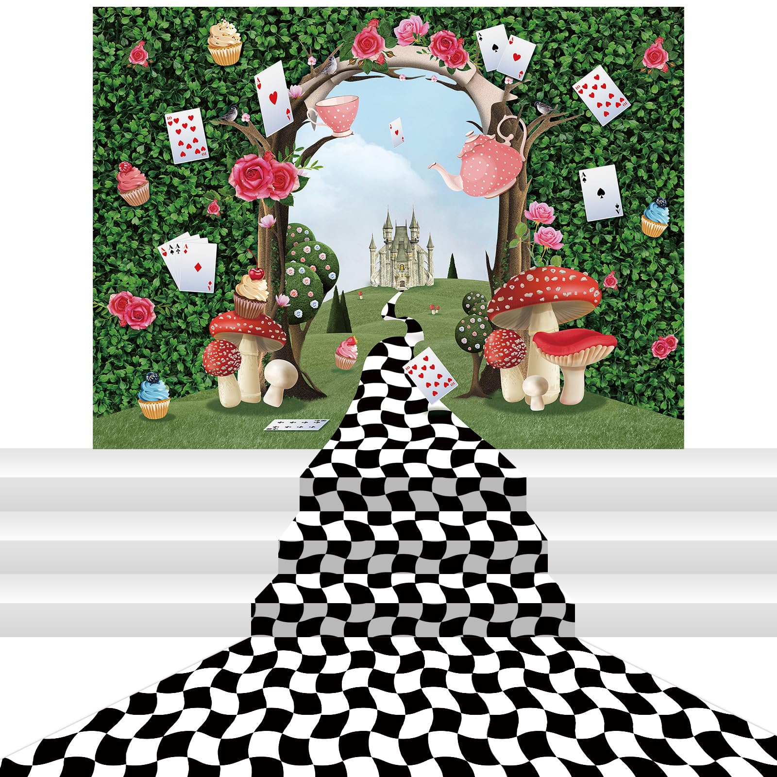 Photo 1 of Mindsoft 2 Pcs Wonderland Party Decoration Large Wonderland Photo Backdrop Black White Checkered Runner Halloween Tea Party Backdrop Mushroom Castle Princess Decor for Birthday Baby Shower Photo Prop