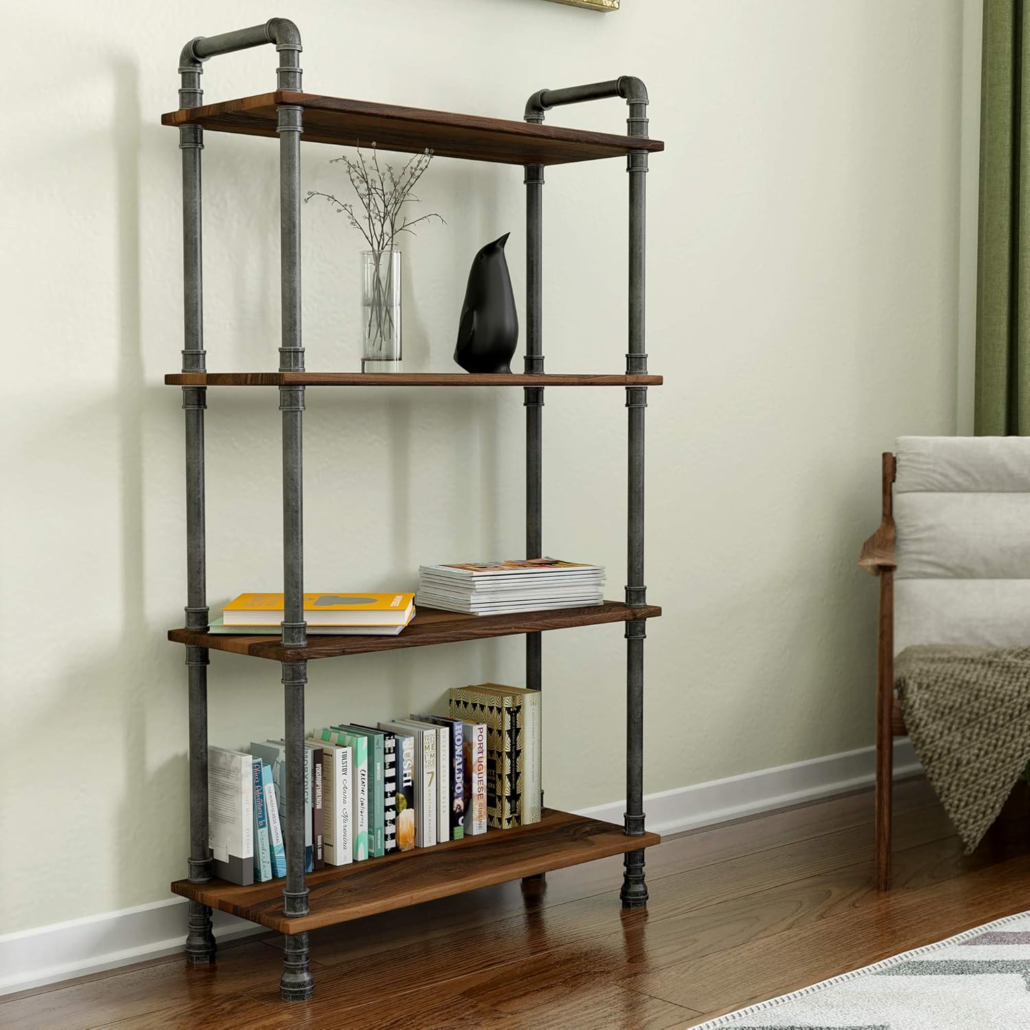 Barnyard Designs Furniture 4-Tier Etagere Bookcase, Solid Pine Open Wood Shelves, Rustic Modern Industrial Metal and Wood Style Bookshelf, Brown, 55" x 29.5" x 11.75"