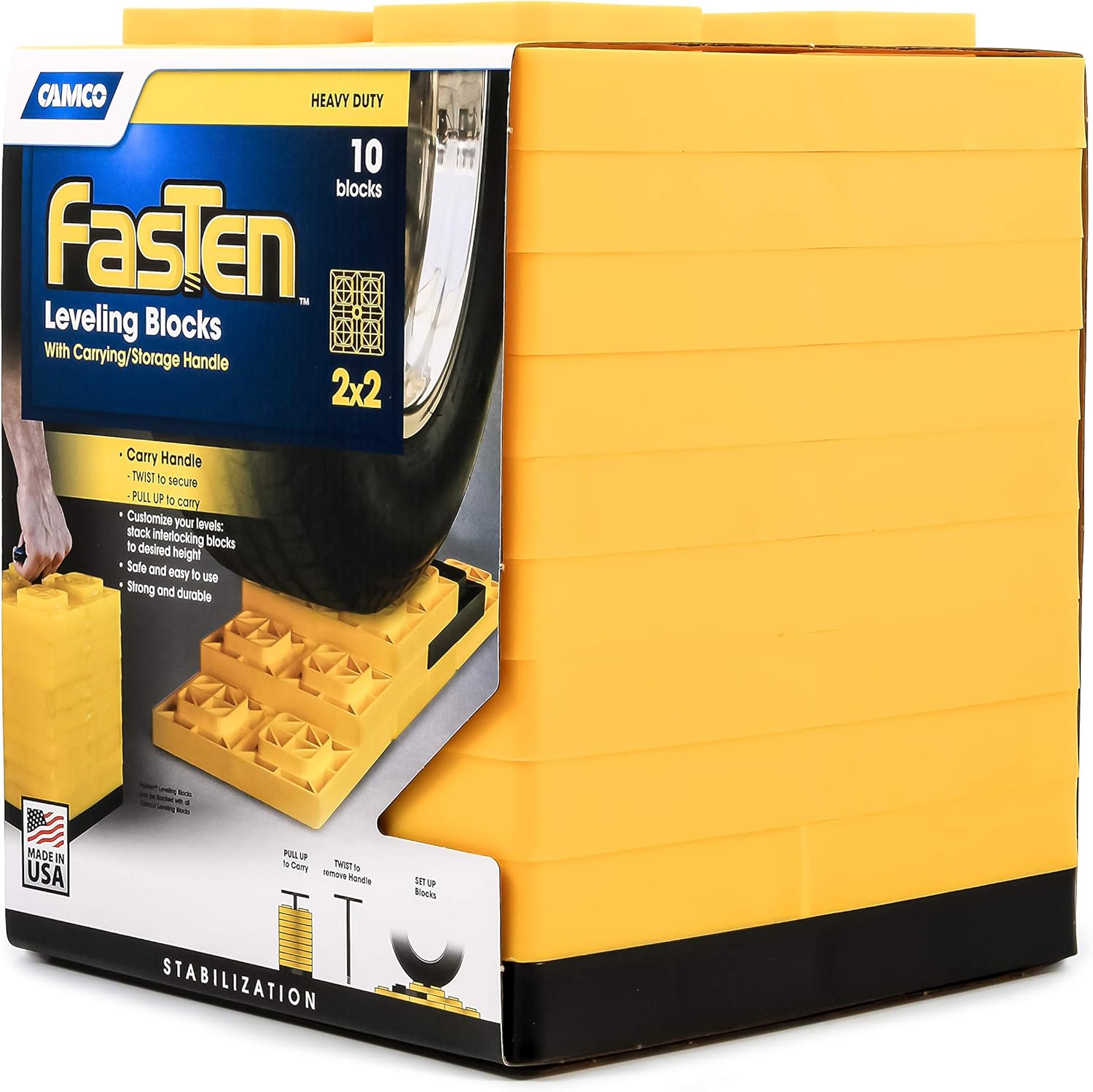 Camco FasTen 2x2 RV Leveling Block For Single Tires, Interlocking Design Allows Stacking To Desired Height, Includes Secure T-Handle Carrying System, Yellow (Pack of 10): Automotive