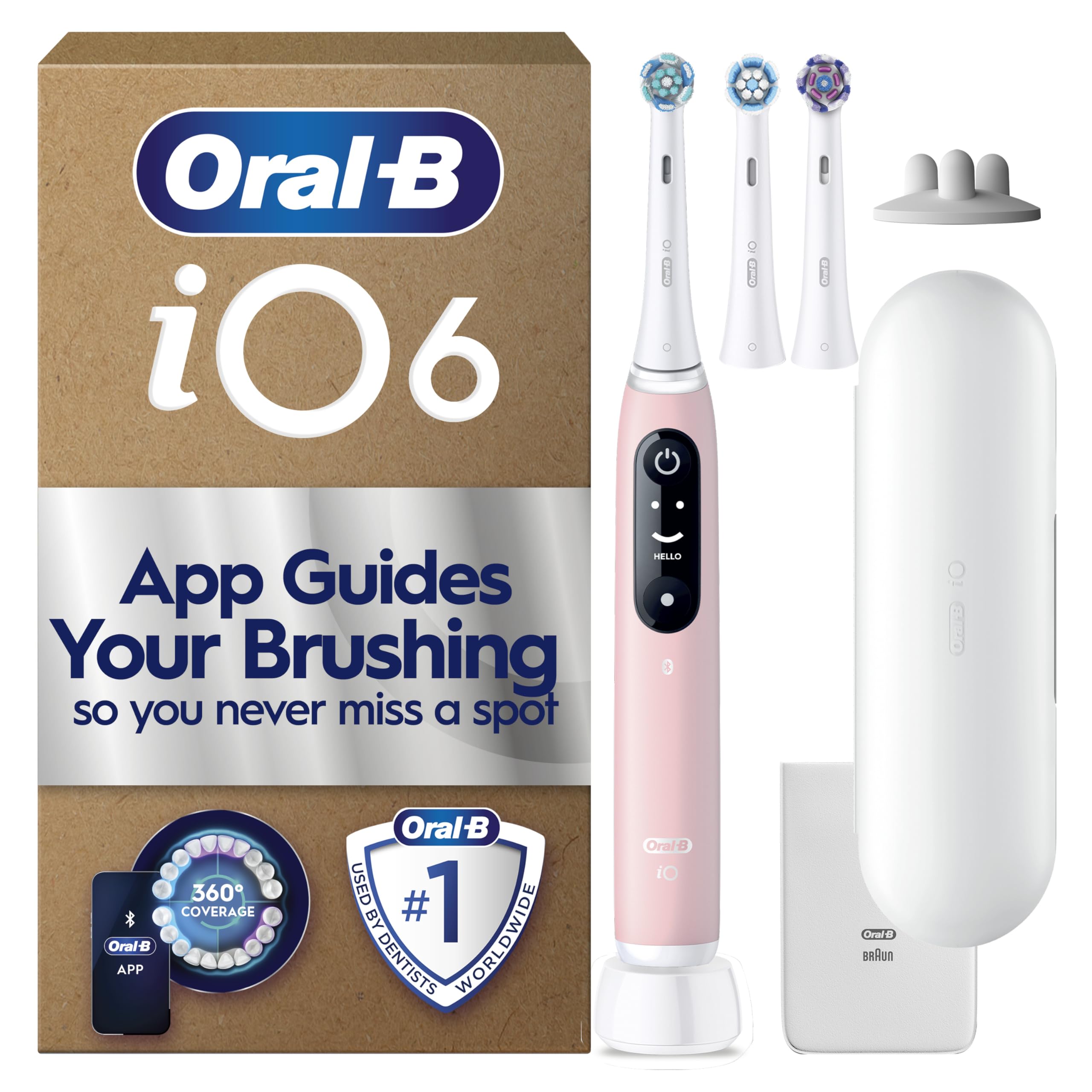 Oral-B iO6 Electric Toothbrush for Adults, 3 Toothbrush Heads, Travel Case and Toothbrush Head Holder, 5 Modes with Teeth Whitening, 2 Pin Plug, Pink