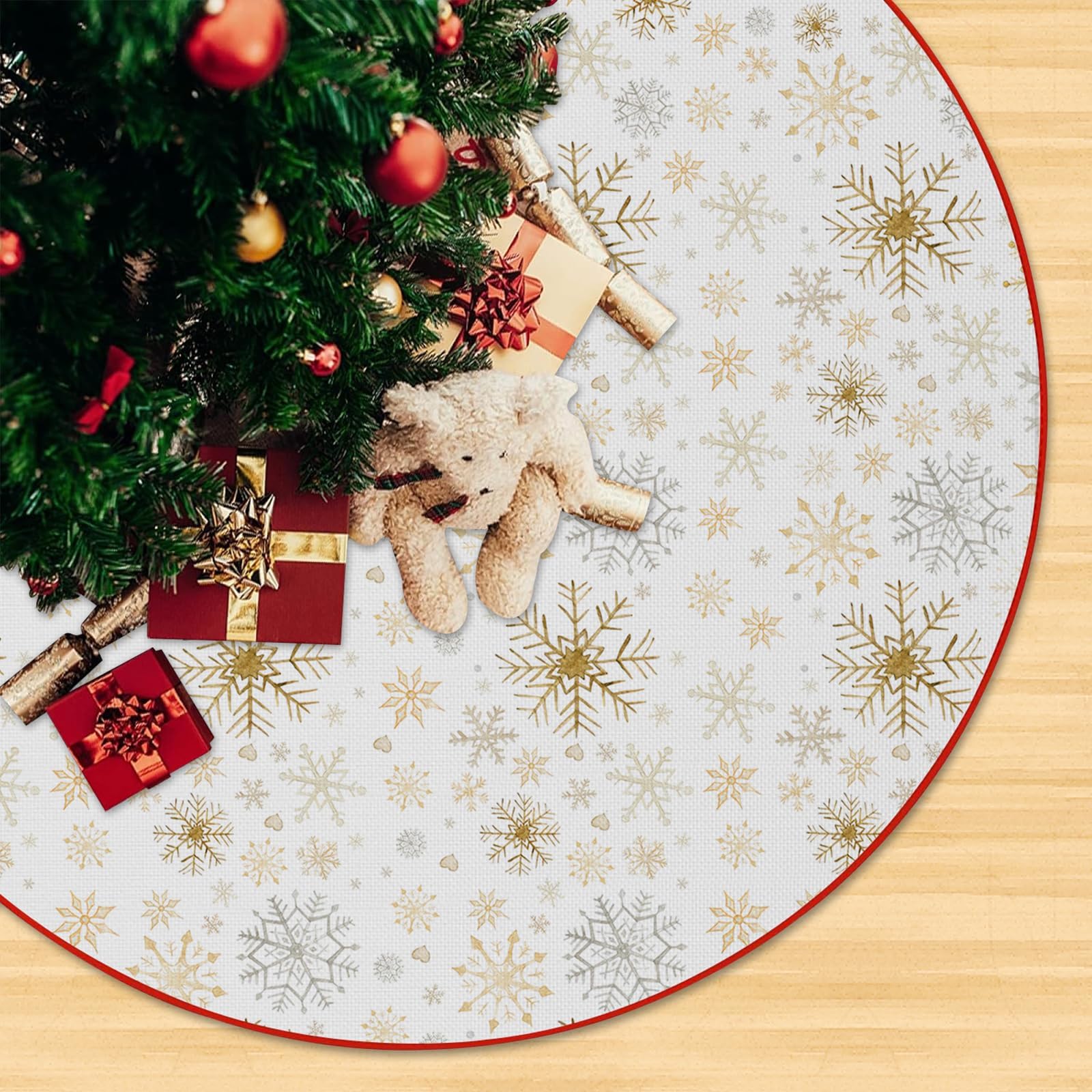 White Christmas Tree Skirt Snowflakes Xmas Tree Skirts, Large Christmas Tree Mat with Gold Snowy Pattern for Christmas Decorations Holiday Party 120cm