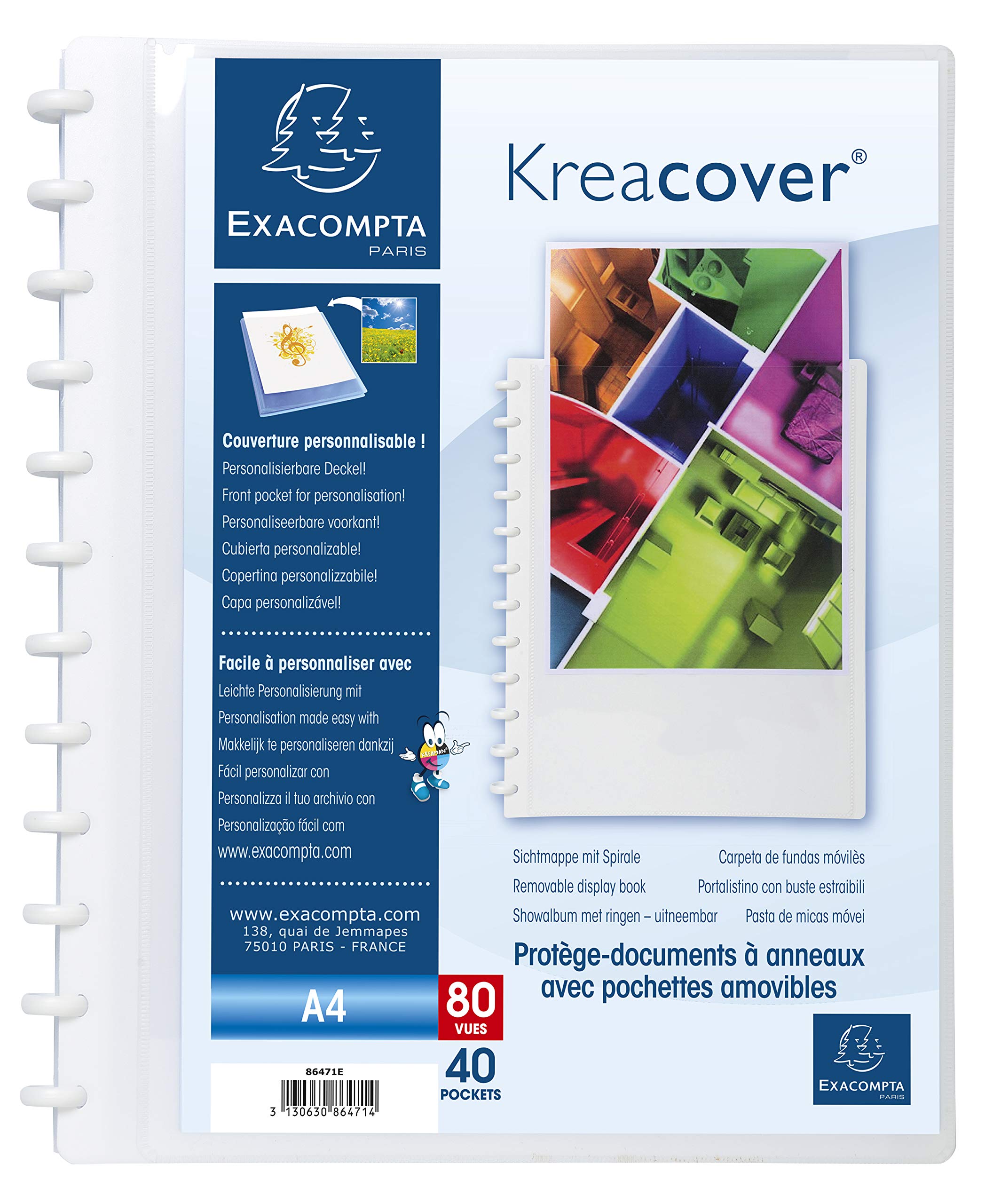 Exacompta - Ref 86471E - Kreacover Collection - Opaque Spiral Bound PP Display Books - 245 x 310mm in Size, Suitable for A4 Sized Documents, 40 Pockets, 80 Viewing Pages - White — image 1