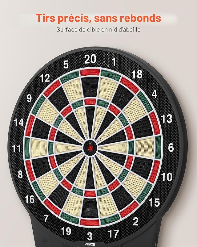 Cible de fléchettes électronique, 391 mm, Planche à fléchettes avec 43 Jeux et Plus de 320 Variantes pour jusqu'à 8 Joueurs, 6 tiges de fléchette avec ailettes et 50 Pointes, écran LCD Couleur