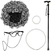 AOTHSO 6 Pieces Old Lady Wig Costume Set Grandma Wig with Cap Cane Pearl Necklace Bracelet for 100 Days of School Halloween