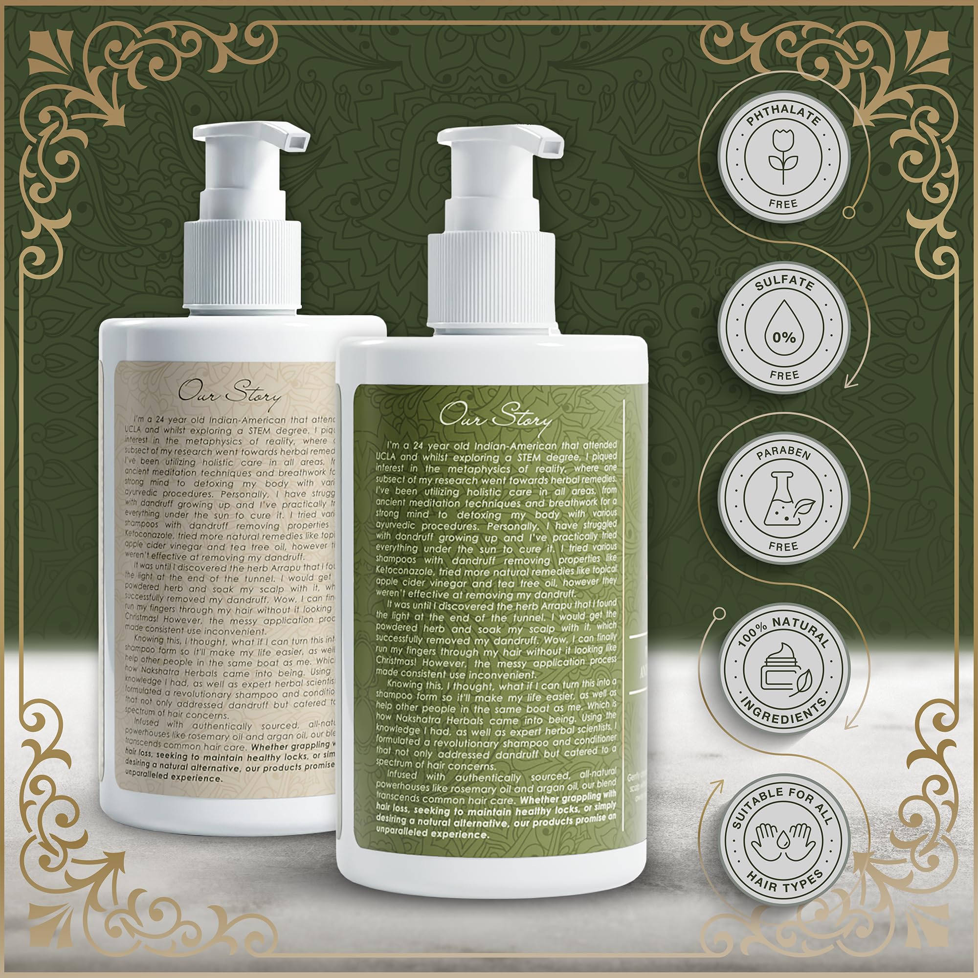 Shampoo & Conditioner | 100% Natural Anti-Dandruff & Anti-Hairloss Herbal Solution | For All Hair Types | Ayurvedic | 13.5 oz (x2)