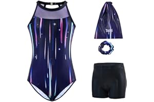 Tstiti Girls Gymnastics Leotards Outfit with Shorts & Scrunchie Sleeveless Mesh Dance Leotard Clothes for Practice