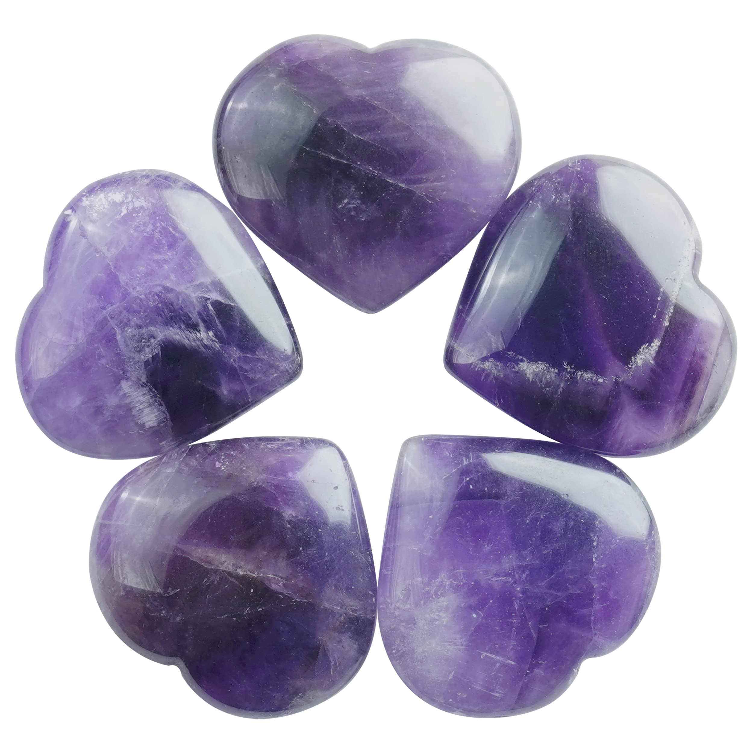 Crocon® 5 Pcs Amethyst Heart stone 20mm Mini Heart Shape gemstone Puff Stones Set 400+ Carats Pocket Crystal Healing Tumble Collection Palm Worry Stone Good Luck Meditation Gift Craft Home Decor — image 1
