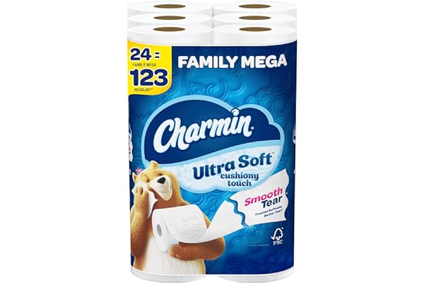 Charmin Ultra Soft Cushiony Touch Toilet Paper, 24 Family Mega Rolls = 123 Regular Rolls