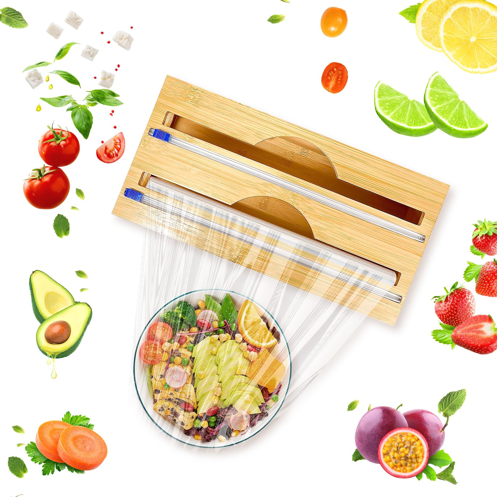 2-in-1 Bamboo Wooden Foil Dispenser with Cutter, Storage Organizer for Aluminum Foil, Cling Film, Parchment Paper, Tin Foil Dispenser for Kitchen Cabinet Drawer, Compatible with 12" or Lower Roll