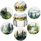 Table Coaster for Drinks Set of 6, Watercolor Misty Forest Round Ceramic Coasters,with Cork Base and Metal Holder,Great Housewarming Birthday Gifts,Home Decor