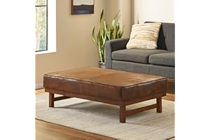 Large Square Ottoman Coffee Table, Faux Leather Plush Cushion, Slate + Walnut, Versatile Living Room, Bedroom & Entryway Seat