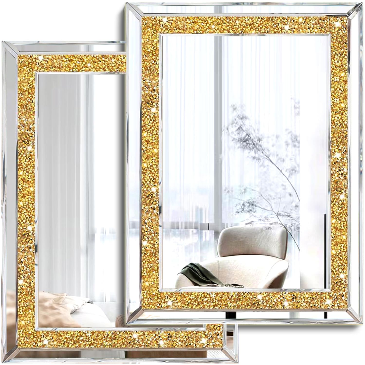 Photo 1 of XIHACTY 2 Piece Wall Mirrors, Crush Diamond Wall Decor, Gold Color Decorative Mirrors for Living Room, Bedroom, Bathroom. (11'x15')