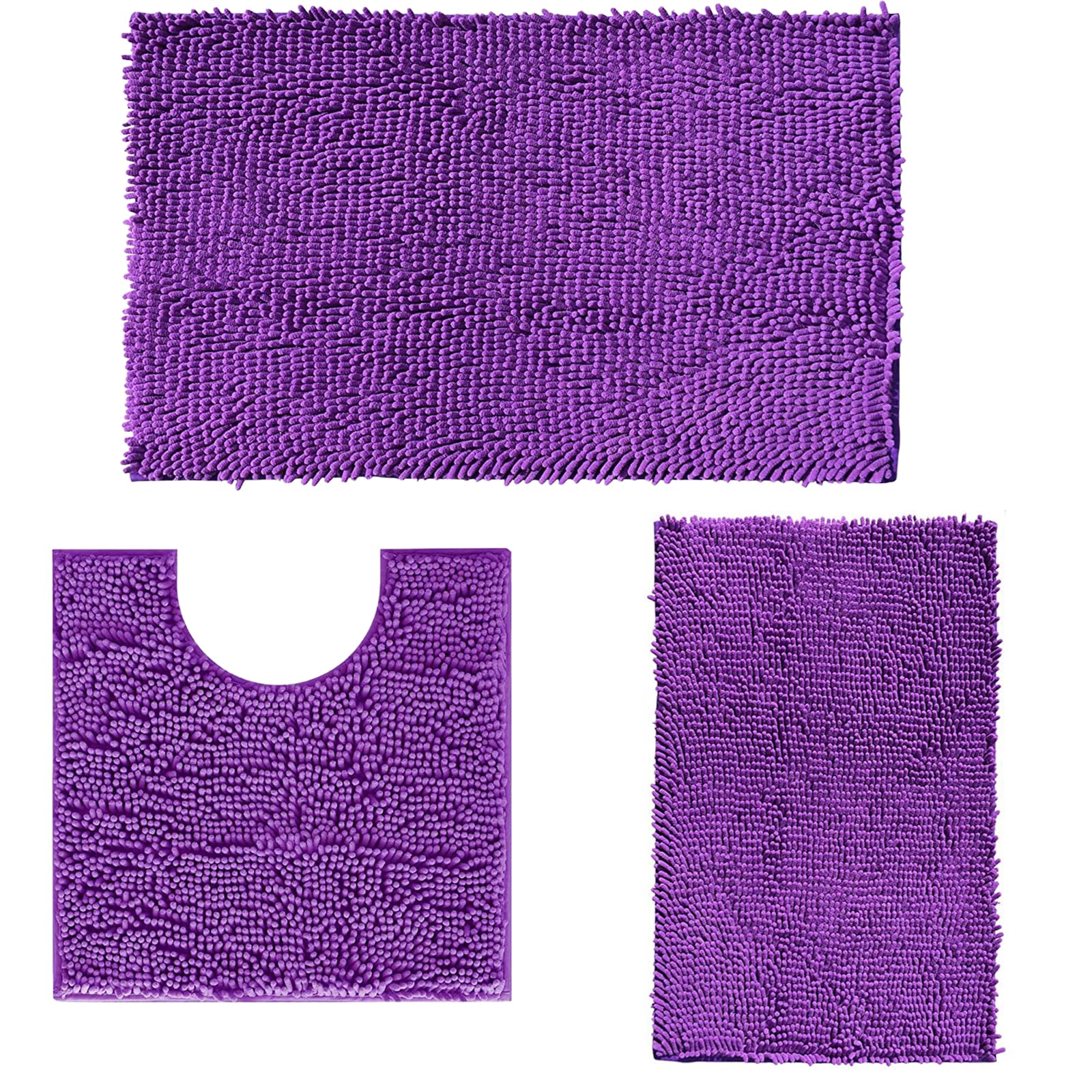 RUN HELIX Ultra Soft Chenille Bath Mat Non Slip, Bath Mat Set 3 Piece, Shaggy Bathroom Mats, Absorbent Bath Mats for Bathroom, Fluffy Bathrooms Mat Set with U-Shaped Toilet Rug (Dark Purple)