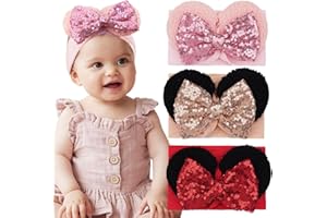 BBGifts 3PCS Baby Girl Mouse Ears Headbands with Sequin Bow, 4.5inches Wide Nylon Turban Hairband, Theme Park Headwear, Hair Bow Headband for Toddler, Kids, Party Supplies