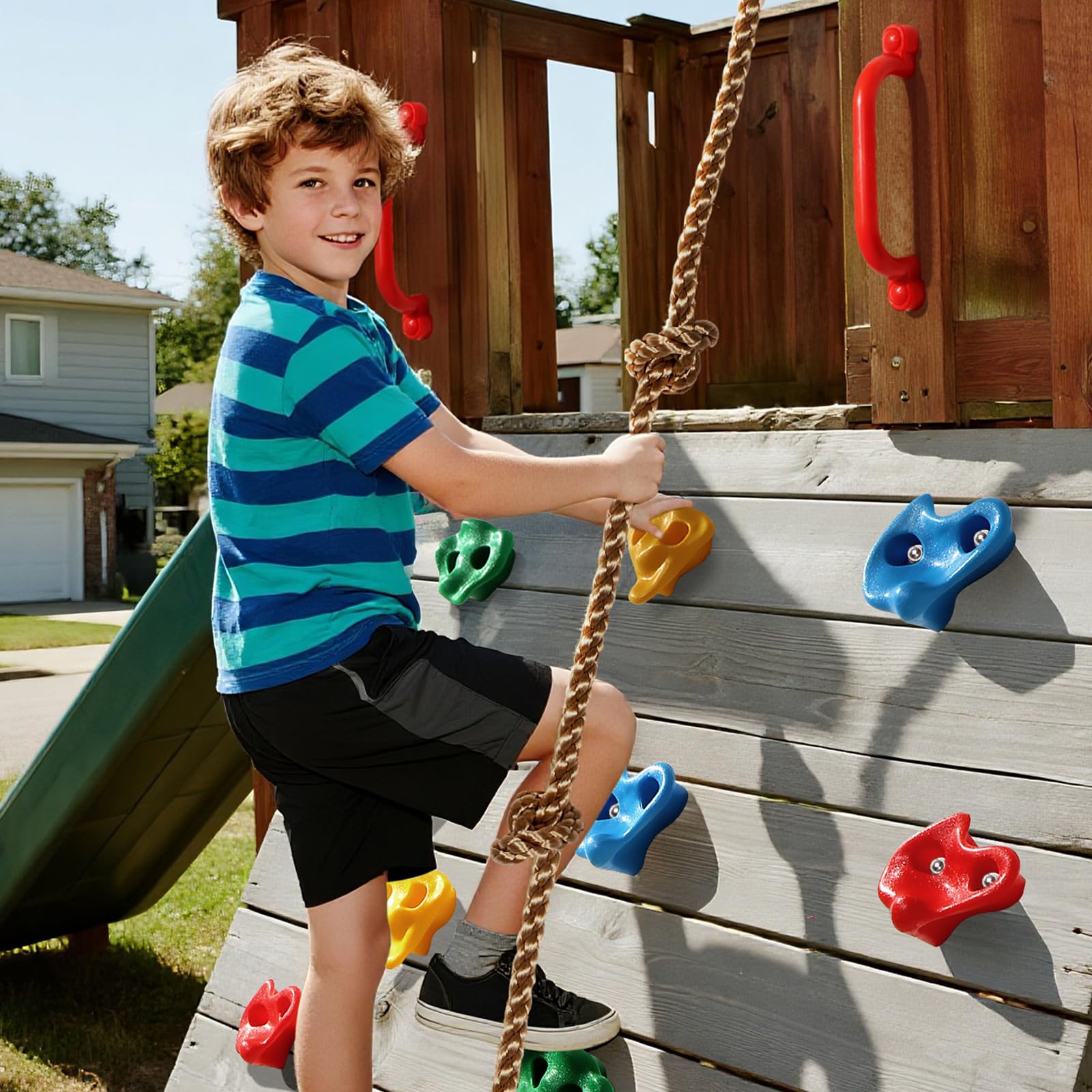 TOPNEW 20 PCS Rock Climbing Holds for Kids, Rock Wall Holds with 6.56 Ft Climbing Rope and 2 Handles, Rock Wall Climbing Kit for Indoor and Outdoor Playset - Includes Mounting Hardware