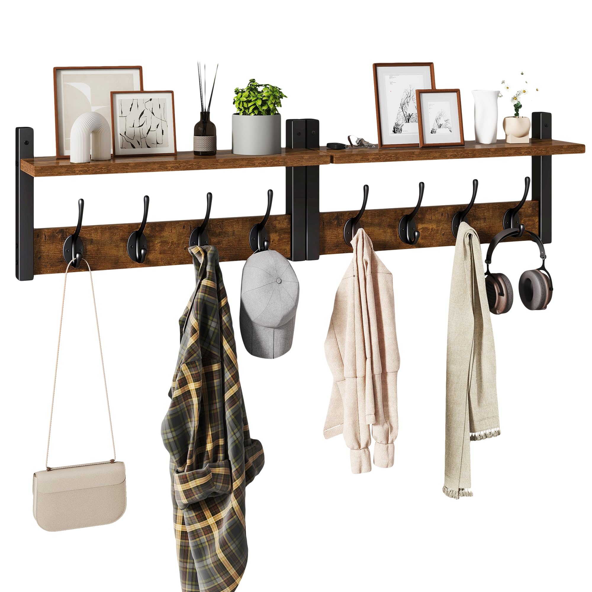 YMYNY Coat Rack Shelf Wall Mounted, Coat Hooks Set of 2, Entryway Coat Hanger with 4 Double Hooks, 80CM Wall Floating Shelf with Hat Rack, for Kitchen, Bedroom, Bathroom, Rustic Brown HWS001H-2