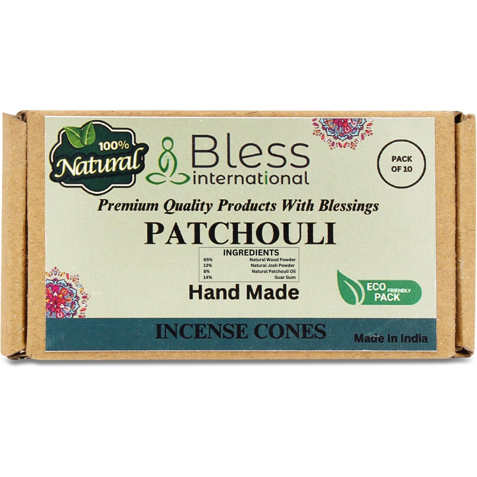 Bless International Patchouli 100%-Natural-Incense-Cones Handmade-Hand-Dipped Organic-Chemicals-Free for-Purification-Relaxation-Positivity-Yoga-Meditation The-Best-scents (10 Count)