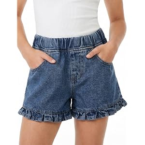 Spring&Gege Girls Ruffle Denim Shorts Elastic High Waisted Summer Cotton Short Jeans with Pockets 5-14 Years