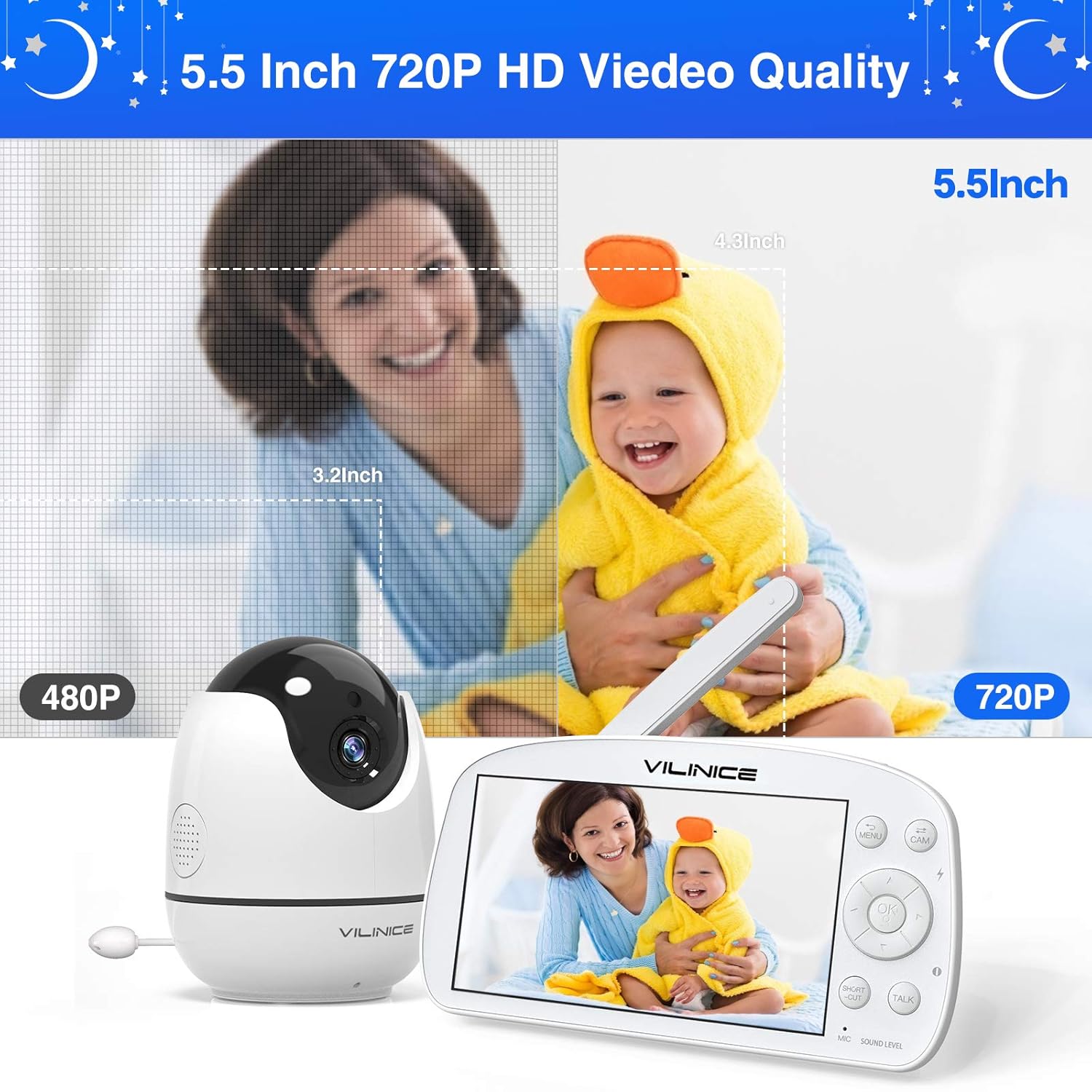 Baby monitor with camera and audio, VILINICE Video Baby Monitor with 720P HD Large 5.5" Display, Auto Night Vision,Two-Way Talk, Temperature Monitor, VOX Mode, and Long Battery Life: Baby