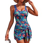Swim Suits for Women 2026 Tummy Control One Piece Swimsuit Modest Ruched Swimdress Bathing Suit with Built-in Shorts