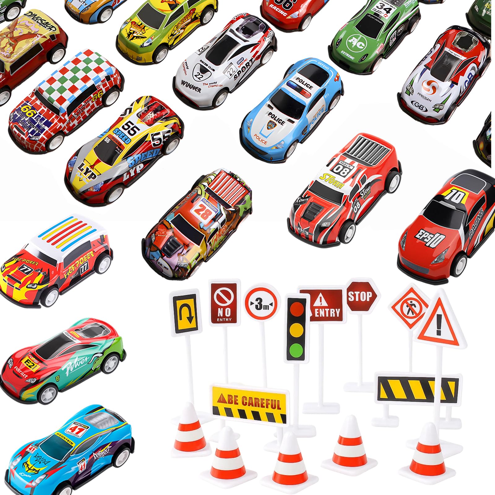 16 Toy Cars And 15 Road Signs, Play Vehicles Set For Kids 3+, Kids' Play Vehicles, Mini Car Toys For Boys And Girls, Educational Toys For Skill Development, Interactive Play Set For Parties And Gifts