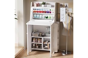 KIKIHOUSE Folding Sewing Machine Cabinet Desk with Adjustable LED Lighting, Built‑In AC & USB Charging Station, Thread Organizer Shelves & Foldable Worktop, Space‑Saving Craft Workstation for Small Spaces