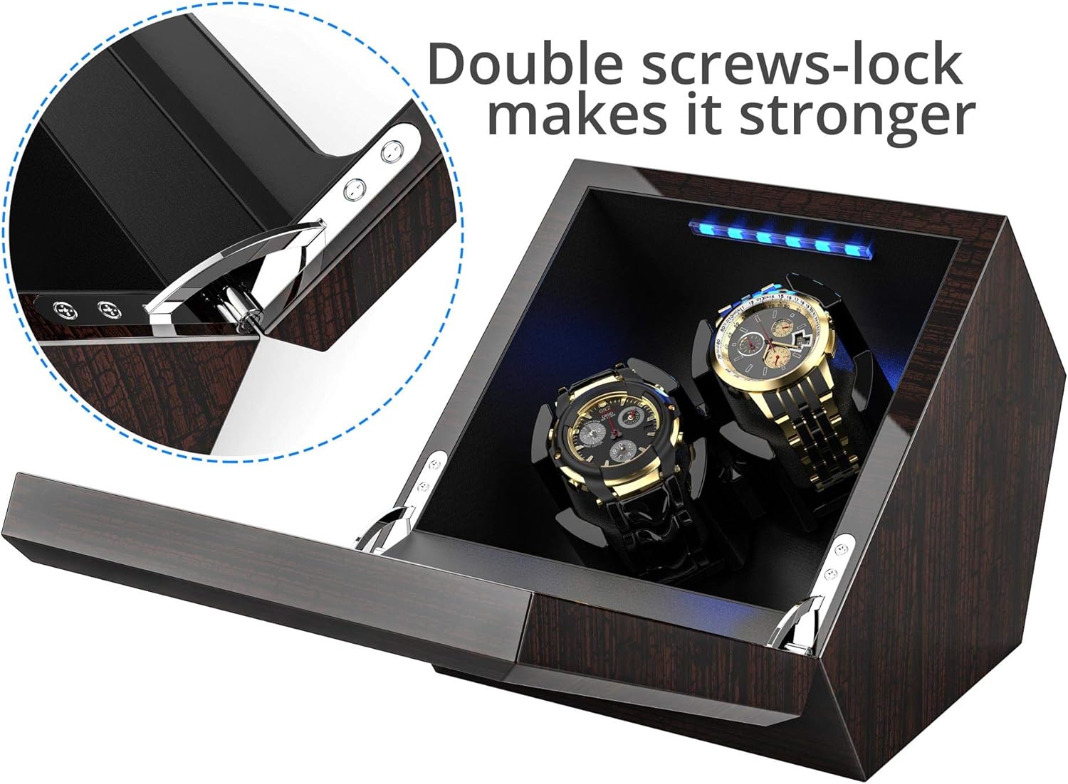 High End Double Watch Winder for Rolex with Soft Flexible Watch Pillows, Blue Led Light, Open and Shut Down Featured, Pine Bark Pattern, Two Extra Over Size Watch Pillows Included (Pine BARK Pattern): Watches