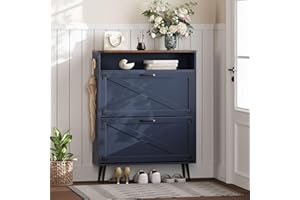 ZYKZYK Shoe Storage Cabinet with 2 Flip Drawers Narrow Shoe Rack Cabinet Farmhouse Design Freestanding Shoe Organizer with Open Storage for Entryway,Hallway,Foyer,Blue Walnut