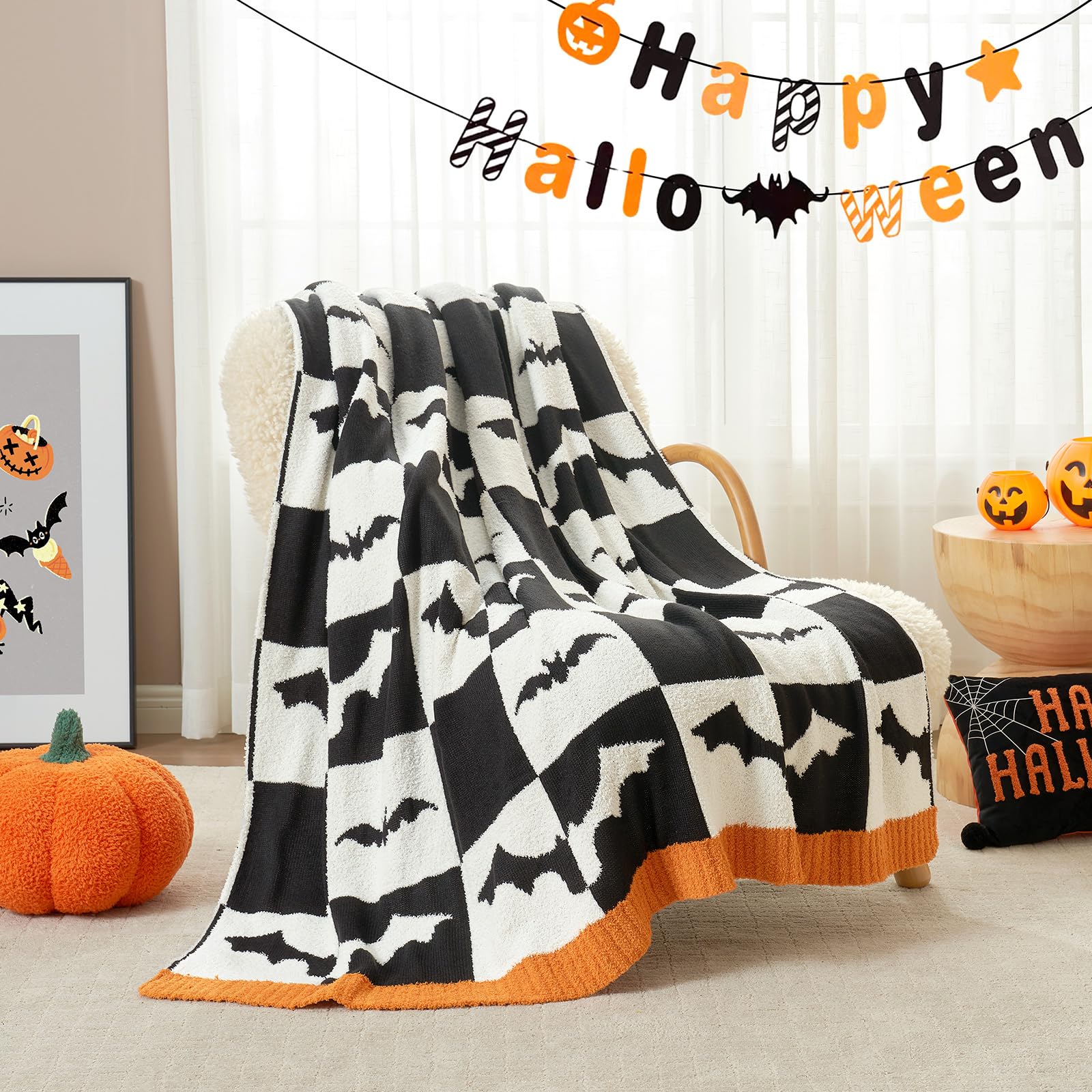 Photo 1 of Snuggle Sac Halloween Throw Blanket Black White Checkered Bat Blanket, Halloween Throw Blanket for Couch 50x60 inches, Ultra Soft Decorative Blanket