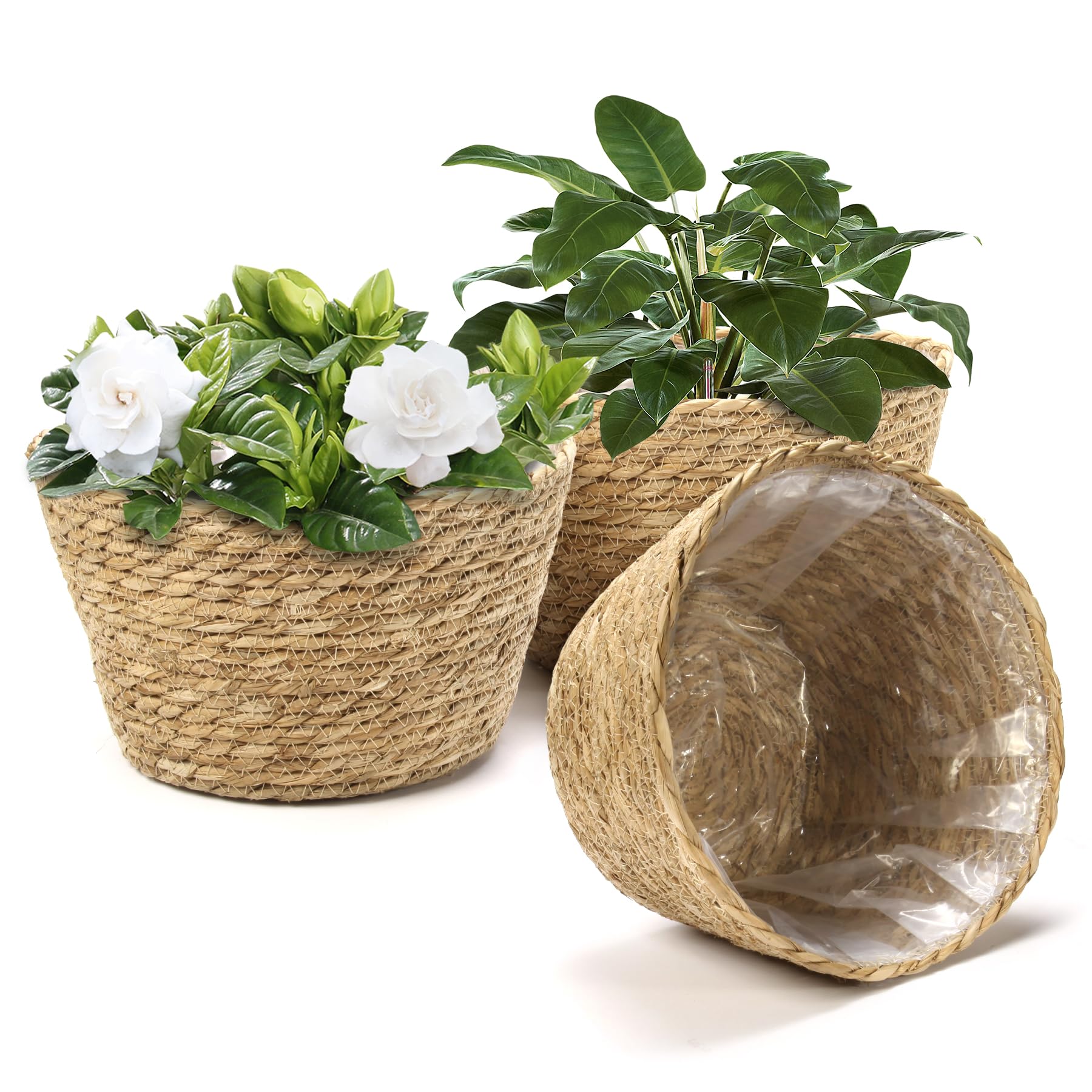 Photo 1 of Athaliah Plant Basket Set of 3, Indoor Woven Planter Baskets with Plastic Liner, Water Hyacinth and Corn Husk Decorative Pots for Rustic Home & Floor Plant Decor (Natural Color-3)