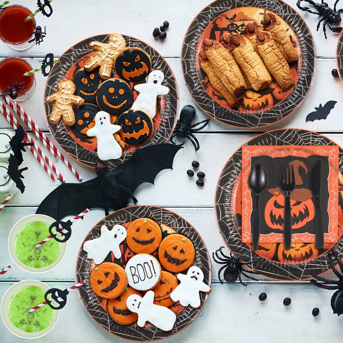 YARNOW Halloween Tableware and Decorations, 24 Guest - Pumpkin Pattern Halloween Plates, Party Cups, Napkins, Tablecloths, Serving Trays, Knives, Forks, Spoons (Orange): Kitchen & Dining