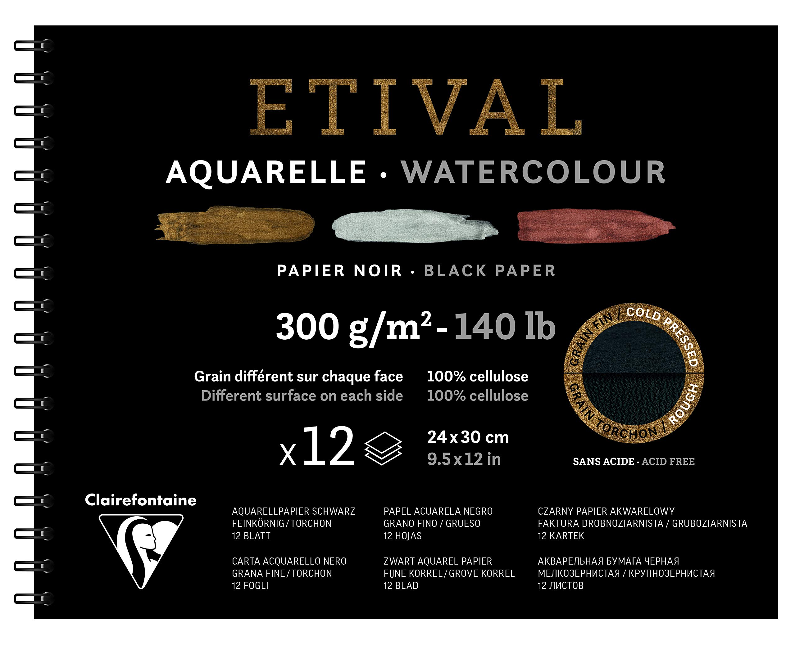 Clairefontaine - Ref 975326C - Etival Cold Pressed Black Watercolour Painting & Drawing Wirebound Pad (12 Sheets of Paper) - 24 x 30cm - 300gsm Cellulose Art Paper — image 1